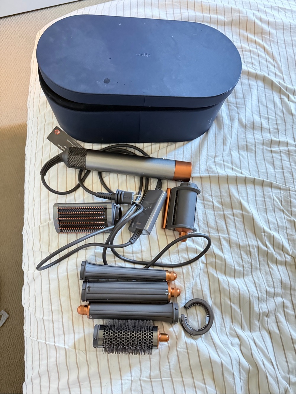 Dyson Airwrap Hair Tool Set with Navy Blue Case and Silver/Orange Accents